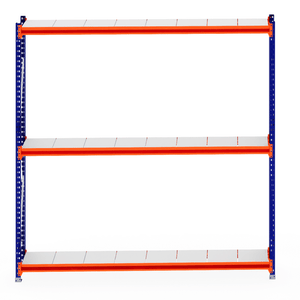 RackZone Longspan Shelving 400mm with blue frame & orange steel panels.
