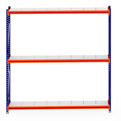 RackZone Longspan Shelving 400mm with blue frame & orange steel panels.