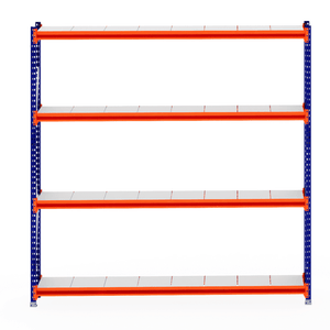 RackZone Longspan Shelving, 400mm steel panels, blue frame, orange supports.