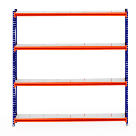 RackZone Longspan Shelving, 400mm steel panels, blue frame, orange supports.
