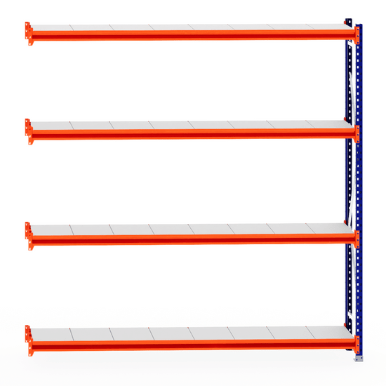 RackZone Longspan Shelving Extender, 400mm steel shelves, orange beams.
