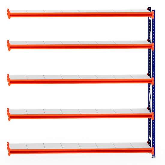 RackZone Longspan Shelving Extender, 400mm steel panels, orange beams.