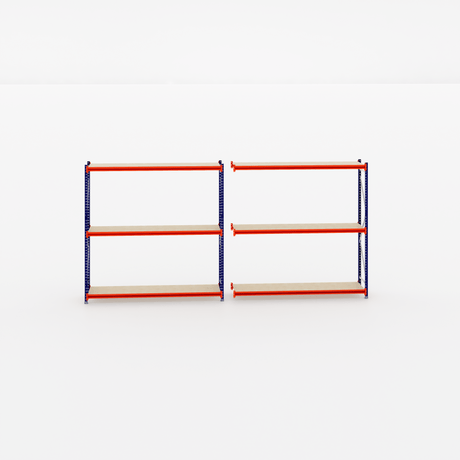 Two RackZone Longspan Shelving units, 600mm deep with steel panels, blue/red.