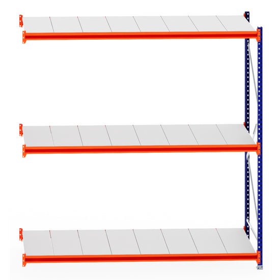 RackZone Longspan Shelving Extender, 800mm steel panels, orange beams.