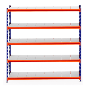 RackZone Longspan Shelving Starter 800mm with steel panels, blue-orange frame.