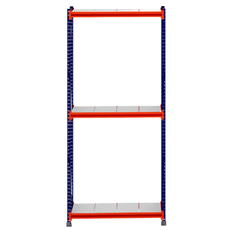 RackZone Longspan Shelving, 3-shelf steel panels, blue-orange frame, 400mm deep.