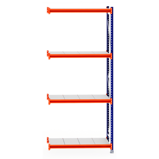 RackZone Longspan Shelving Extender with four orange and white steel panels.