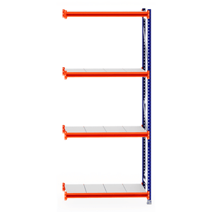 RackZone Longspan Shelving Extender with four orange and white steel panels.