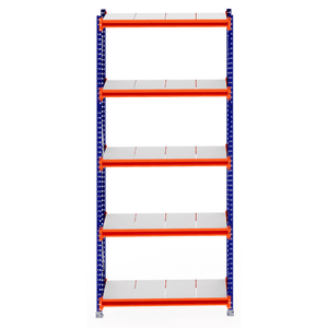 RackZone Longspan shelving with five steel panels, blue-orange frame, 600mm deep.