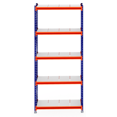 RackZone Longspan shelving with five steel panels, blue-orange frame, 600mm deep.