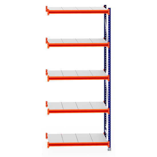 RackZone Longspan 600mm Steel Shelving Extender, orange beams, white shelves.