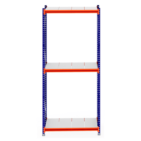 RackZone Longspan Starter, 800mm deep, blue frame, orange steel panels, empty.