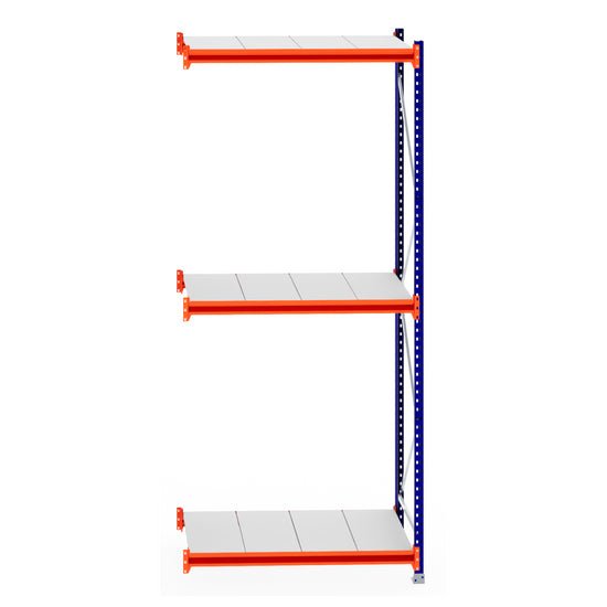 RackZone Longspan Shelving Extender, 800mm steel panels, orange beams.