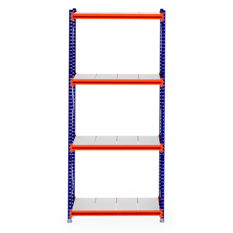 RackZone Longspan Shelving, steel panels, blue frame, orange supports.