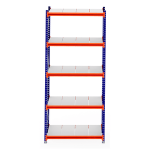 RackZone Longspan Shelving Starter, 6-tier, blue frame, orange steel panels.