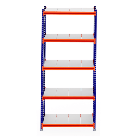 RackZone Longspan Shelving Starter, 6-tier, blue frame, orange steel panels.