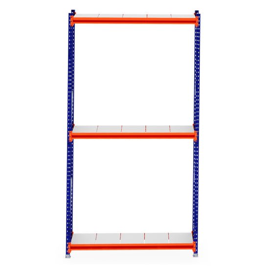 RackZone Longspan Shelving Starter, 400mm steel panels, blue & orange, empty.