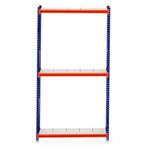 RackZone Longspan Shelving Starter, 400mm steel panels, blue & orange, empty.