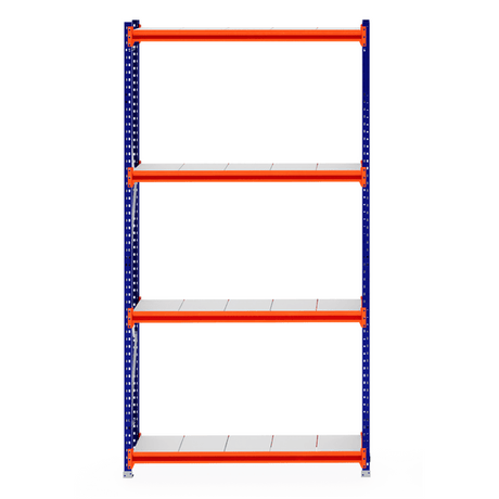 RackZone Longspan Shelving, 4 tiers, orange beams & white steel panels.