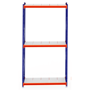 RackZone Longspan Shelving 600mm Starter with steel panels, orange and blue.