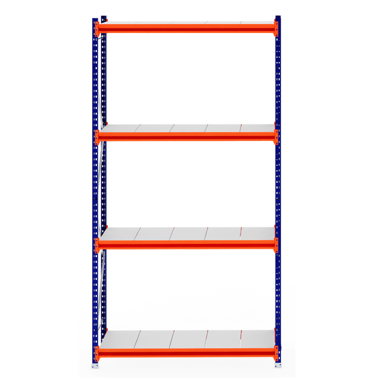 RackZone Longspan 600mm Starter with steel panels, orange beams, blue supports.