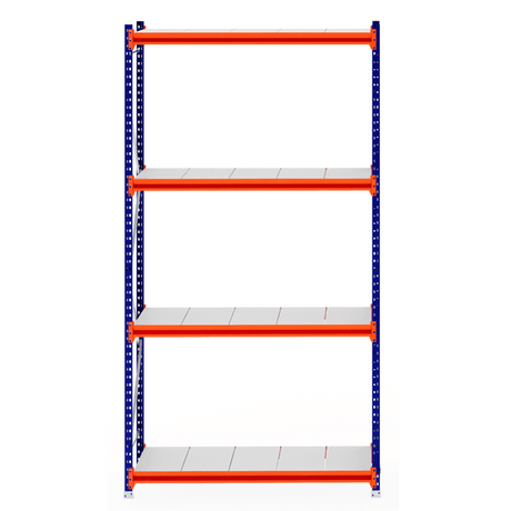 RackZone Longspan 600mm Starter with steel panels, orange beams, blue supports.