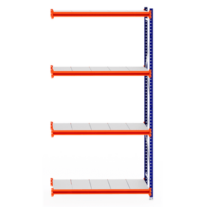 RackZone Longspan Shelving 600mm Steel Extender with orange beams, white shelves.