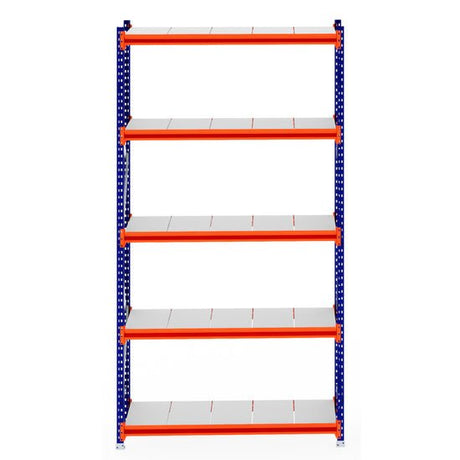 RackZone Longspan Shelving, 5-tier, 600mm deep, orange panels, blue frame.