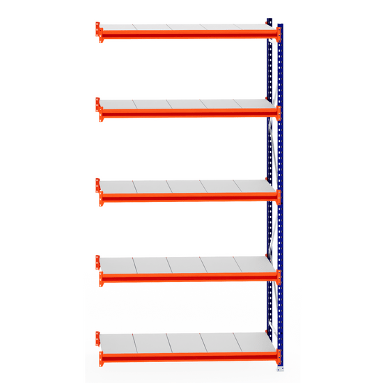 RackZone Longspan Shelving Extender, 5-tier steel, orange & blue frame.