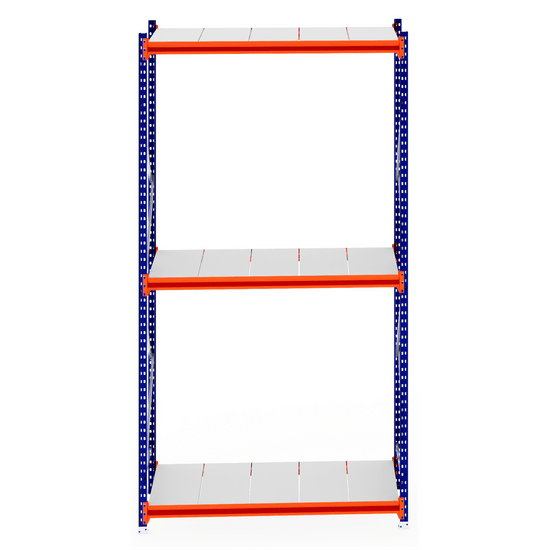 RackZone Longspan Shelving 800mm Steel Panels, orange beams, blue uprights.