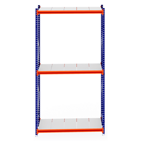 RackZone Longspan Shelving 800mm Steel Panels, orange beams, blue uprights.