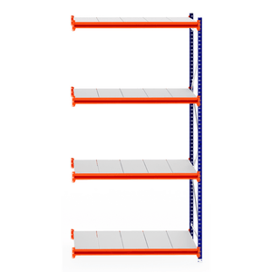 RackZone Longspan Extender: 4-tier steel shelving, orange supports, white shelves.