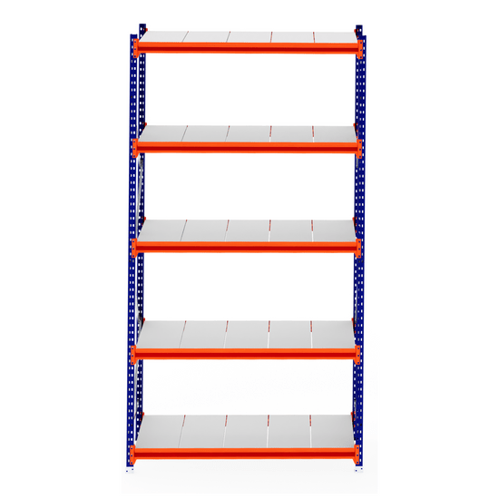 RackZone Longspan Shelving 800mm with steel panels and orange beams.