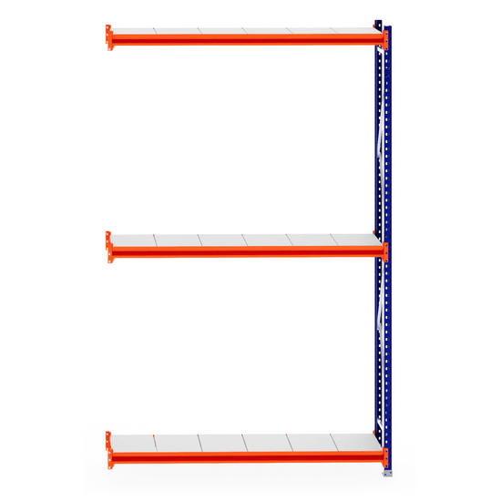 RackZone Longspan Shelving Extender, 400mm depth, steel panels, orange & blue.