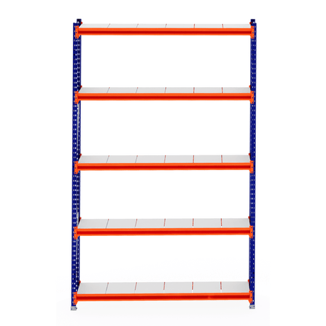 RackZone Longspan Shelving 400mm, steel panels, blue frame, orange beams.