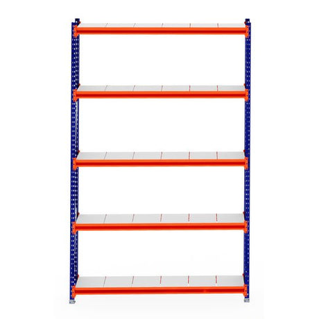 RackZone Longspan Shelving Starter, 400mm steel shelves, blue/orange frame.