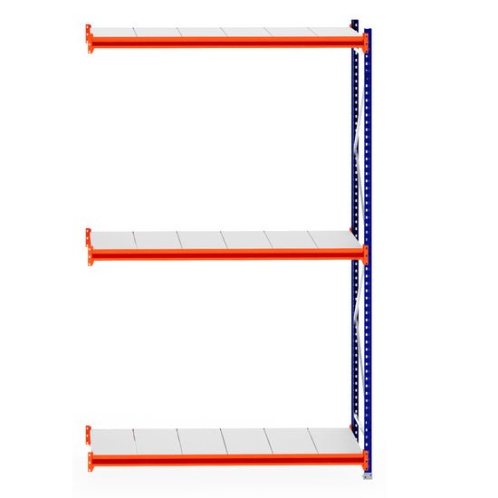 RackZone Longspan 600mm Extender with steel shelves and orange beams.
