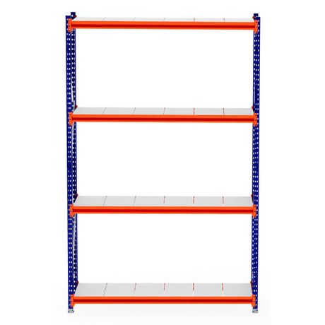 RackZone Longspan Starter, 4-tier steel shelving, blue frame, orange supports.
