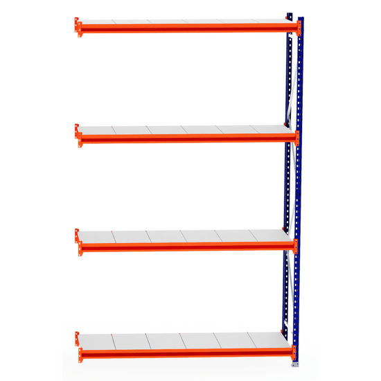 RackZone Longspan 600mm Steel Extender, orange beams, blue frame.