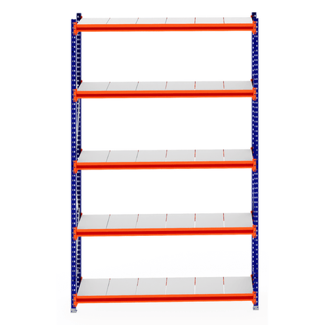RackZone Longspan Shelving, 6-tier, 600mm depth, steel panels, blue & orange.