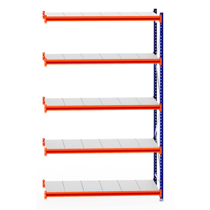 RackZone Longspan Extender, 5-tier shelving with orange beams and steel shelves.
