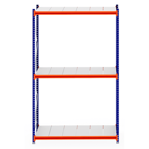 RackZone Longspan 800mm Steel Panel Starter Shelving, blue and orange frame.