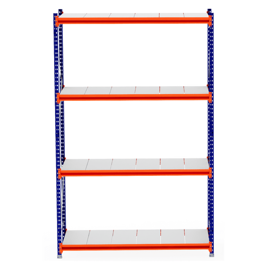 RackZone Longspan Shelving 800mm Steel Panels - Starter, blue frame, orange supports.