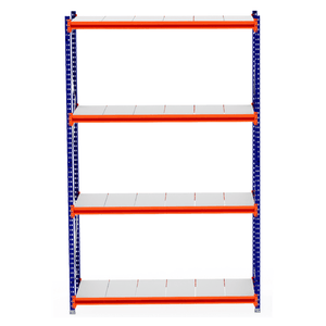 RackZone Longspan Shelving 800mm Steel Panels - Starter, blue frame, orange supports.