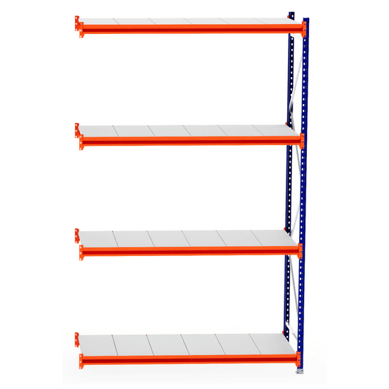 RackZone Longspan Extender: 4-tier steel shelving, 800mm deep, orange beams.