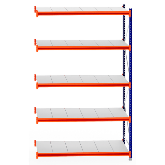 Blue and orange RackZone Longspan steel shelving, 800mm depth, extender.