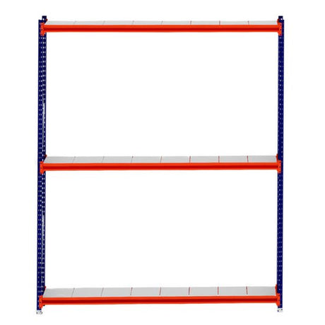 RackZone Longspan Shelving 400mm, blue frame & orange steel panels, starter unit.