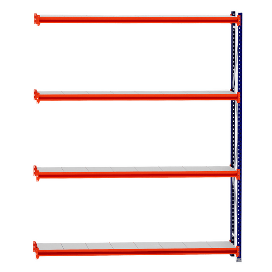 RackZone Longspan 400mm steel panel shelving extender, orange beams, white shelves.