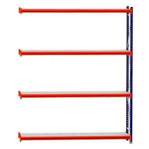 RackZone Longspan 400mm steel panel shelving extender, orange beams, white shelves.