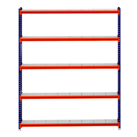RackZone Longspan Shelving 400mm Starter, steel panels, orange beams.